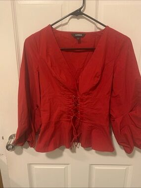 Express Red Lace-Up Peplum Blouse